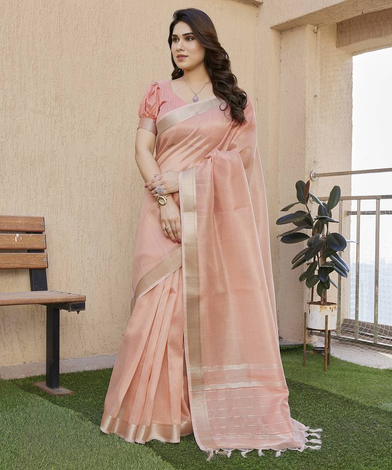 peach solid tussar silk saree with blouse