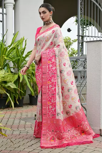 Pink solid silk blend saree with blouse