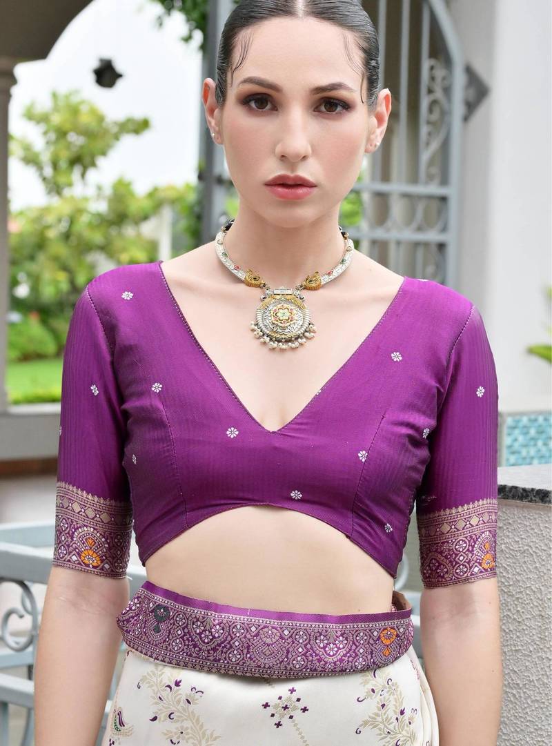 Wine solid silk blend saree with blouse