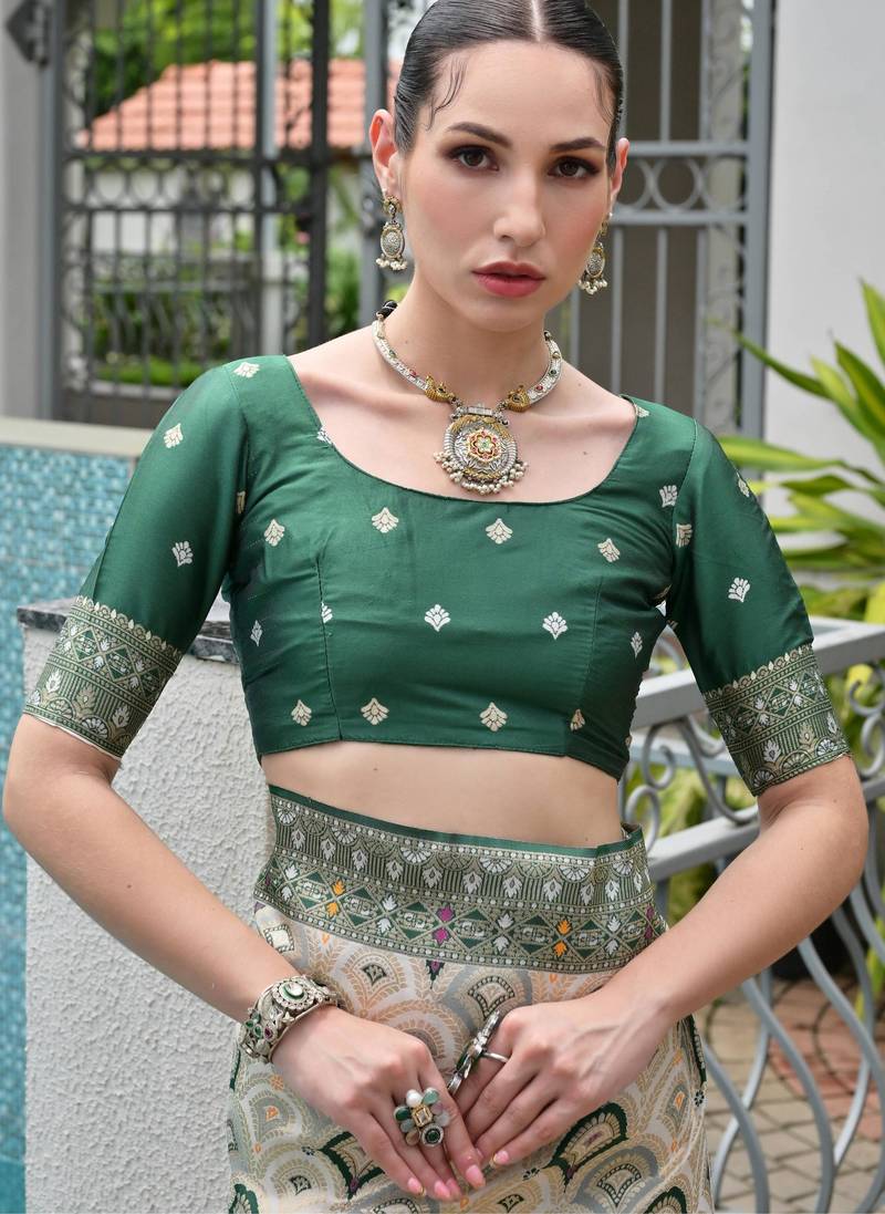 Green solid silk blend saree with blouse