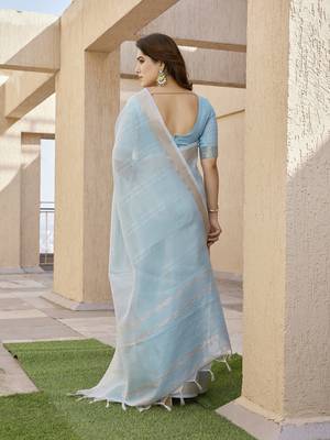 blue solid tussar silk saree with blouse 3