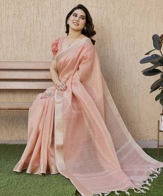 peach solid tussar silk saree with blouse 4