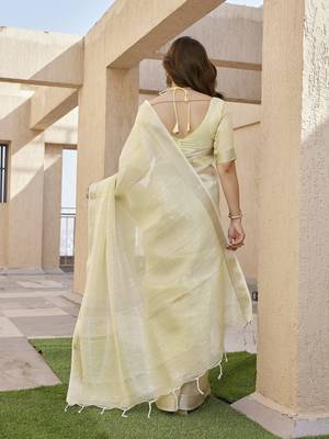 yellow solid tussar silk saree with blouse 3