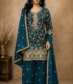 Teal embroidered chinon free size stitched palazzo style salwar suit