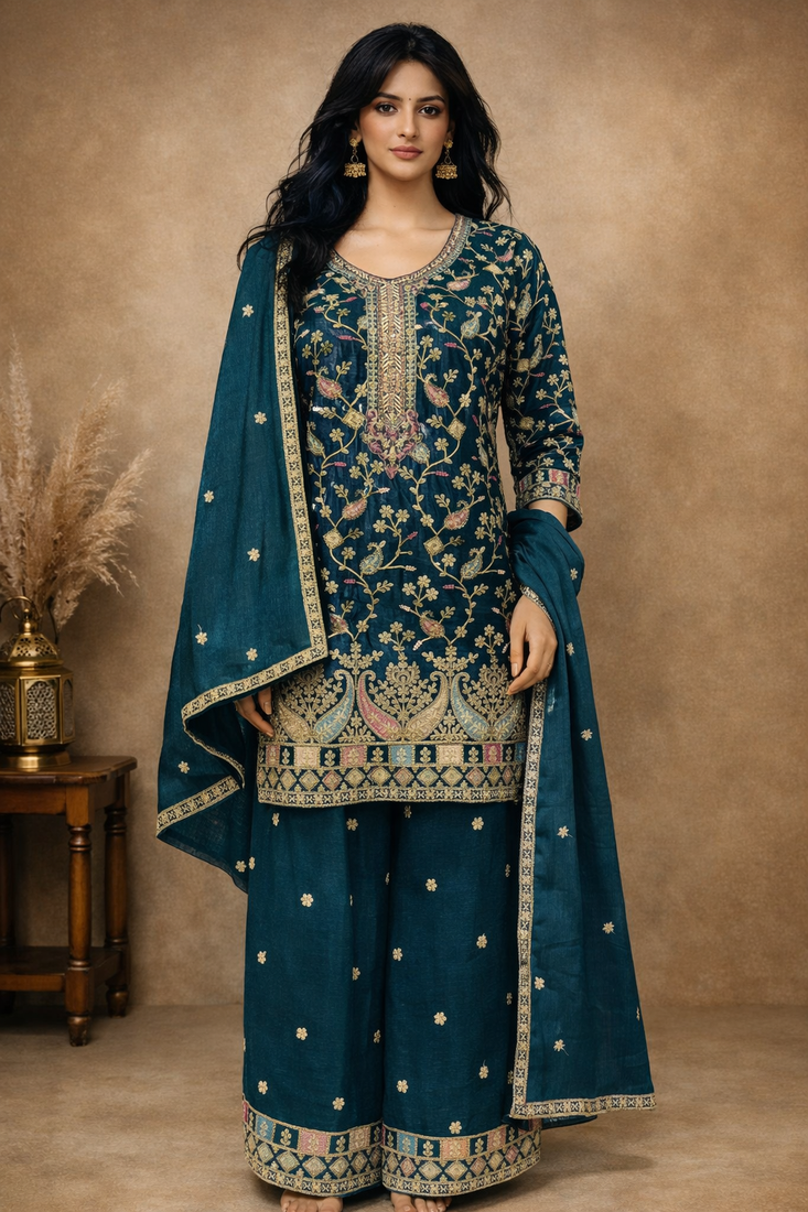 Teal embroidered chinon free size stitched palazzo style salwar suit
