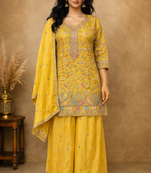 Yellow embroidered chinon free size stitched palazzo style salwar suit