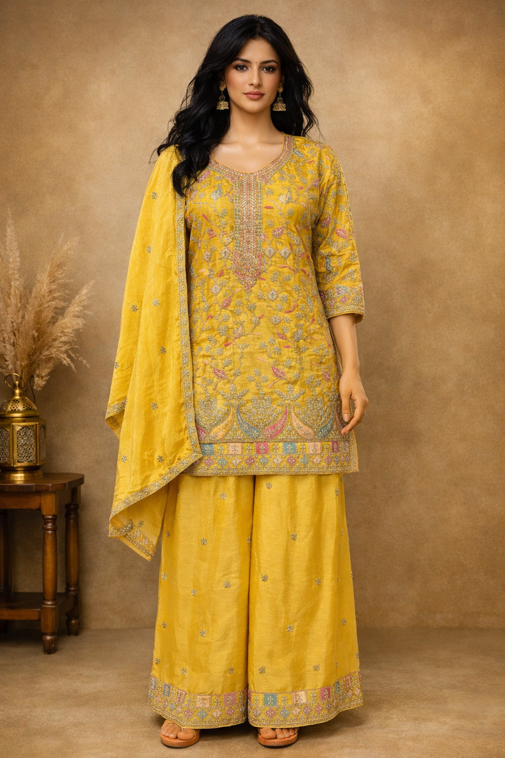 Yellow embroidered chinon free size stitched palazzo style salwar suit