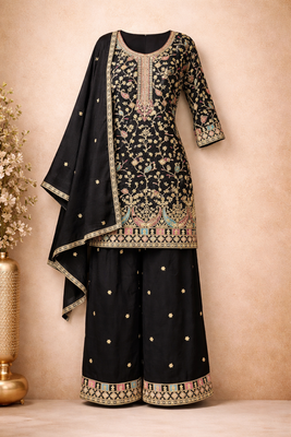 Black embroidered chinon free size stitched palazzo style salwar suit 2
