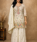 White embroidered chinon free size stitched palazzo style salwar suit