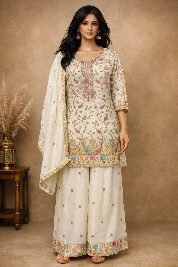 White embroidered chinon free size stitched palazzo style salwar suit