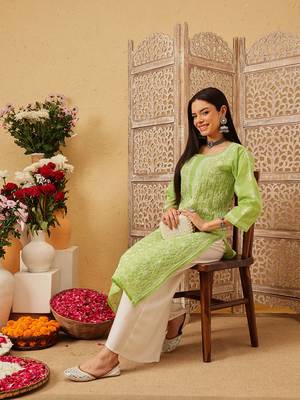 Ada hand embroidered green cotton lucknowi chikankari straight kurta 5
