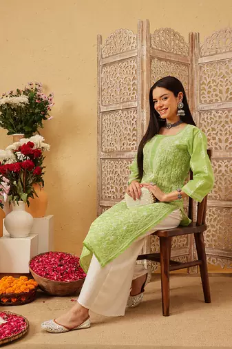 Ada hand embroidered green cotton lucknowi chikankari straight kurta