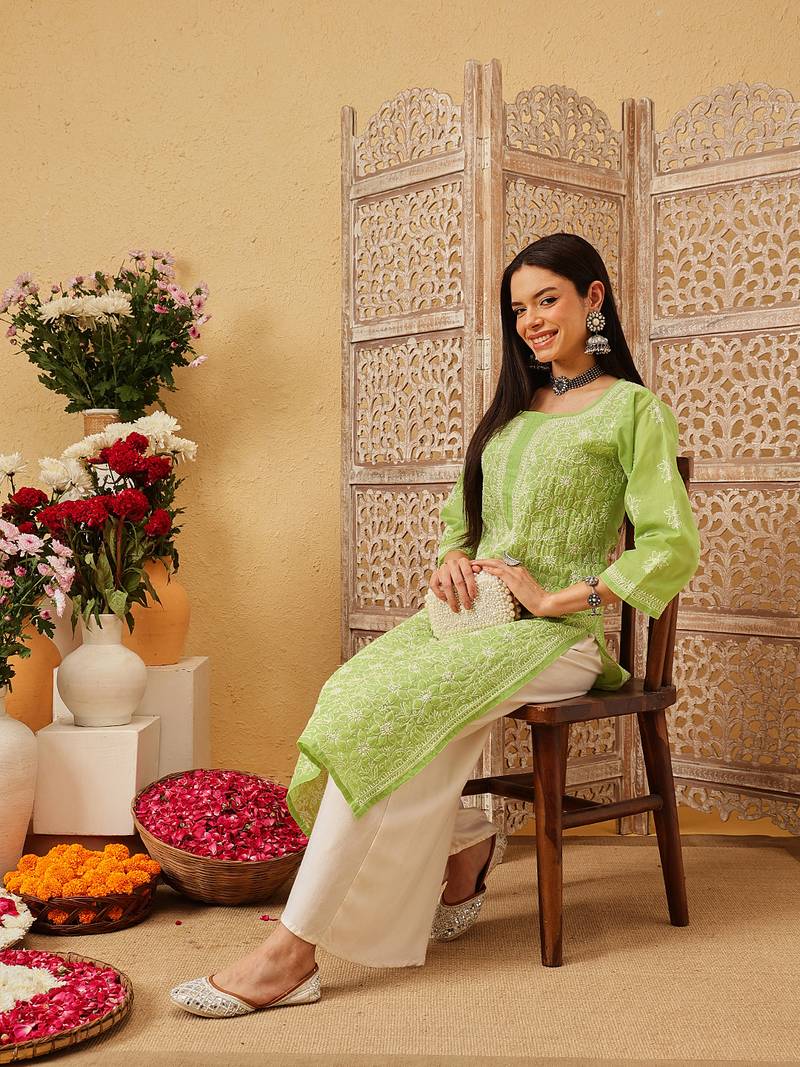 Ada hand embroidered green cotton lucknowi chikankari straight kurta