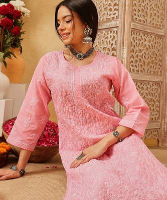 Ada hand embroidered peach cotton lucknowi chikankari straight kurta 4