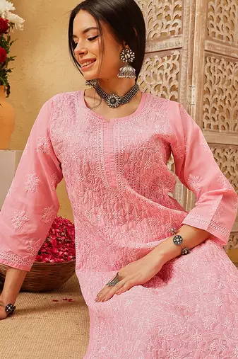Ada hand embroidered peach cotton lucknowi chikankari straight kurta