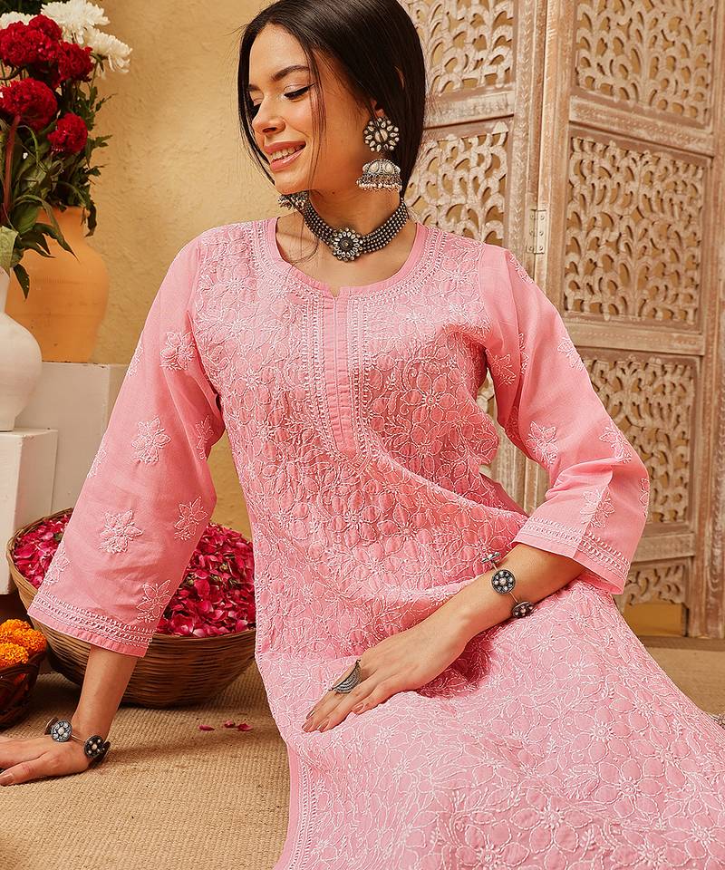 Ada hand embroidered peach cotton lucknowi chikankari straight kurta