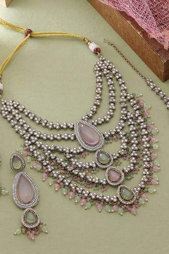 Pink & pista green kundan necklace set