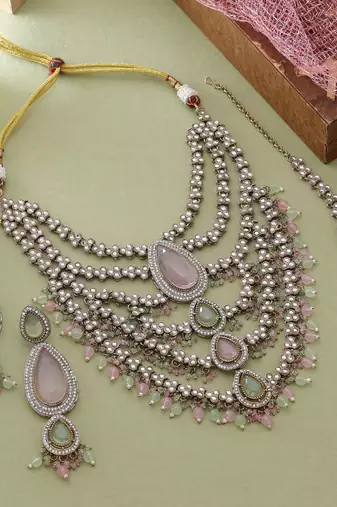 Pink & pista green kundan necklace set