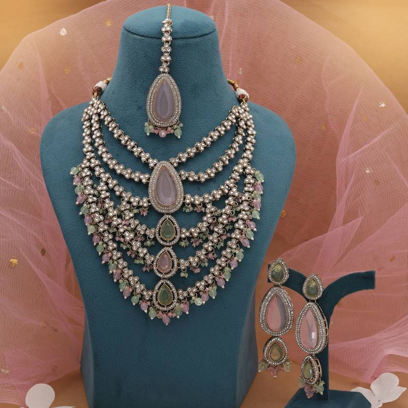 Pink & pista green kundan necklace set