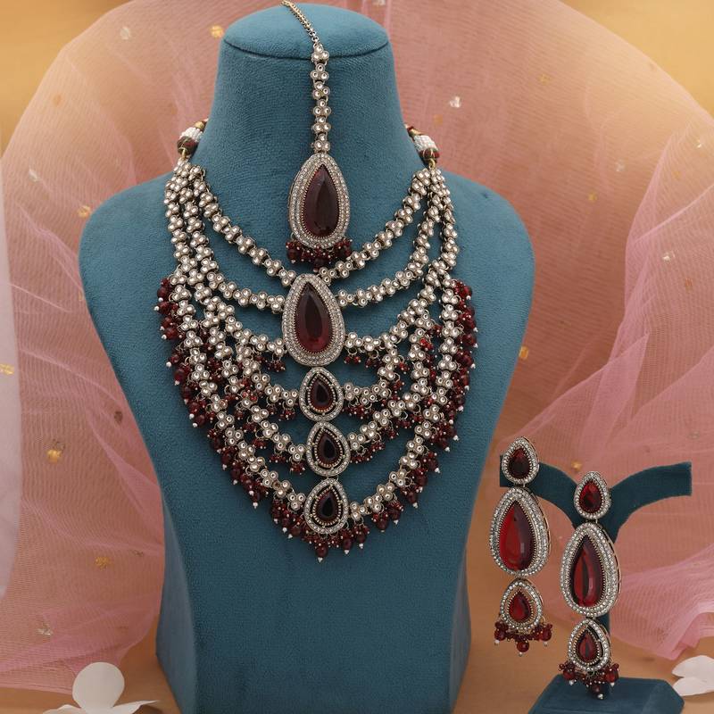 Maroon wedding kundan necklace set