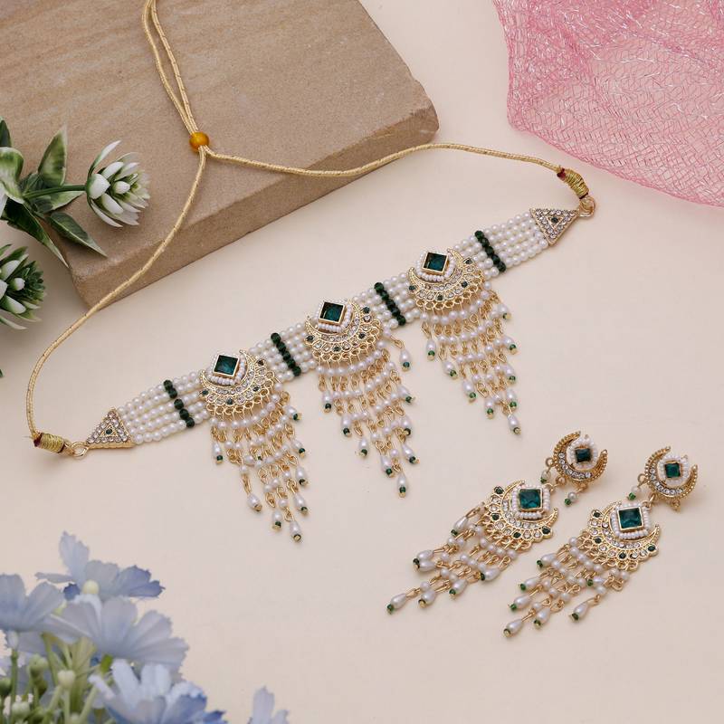 Green & white choker rajputi rani haar