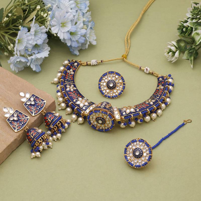 Blue hasli meenakari necklace set