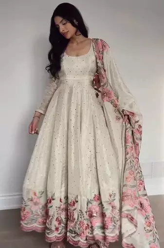 Cream Chinnon Silk Embroidery And Sirosky Work Party wear Gown