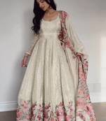 Cream Chinnon Silk Embroidery And Sirosky Work Party wear Gown