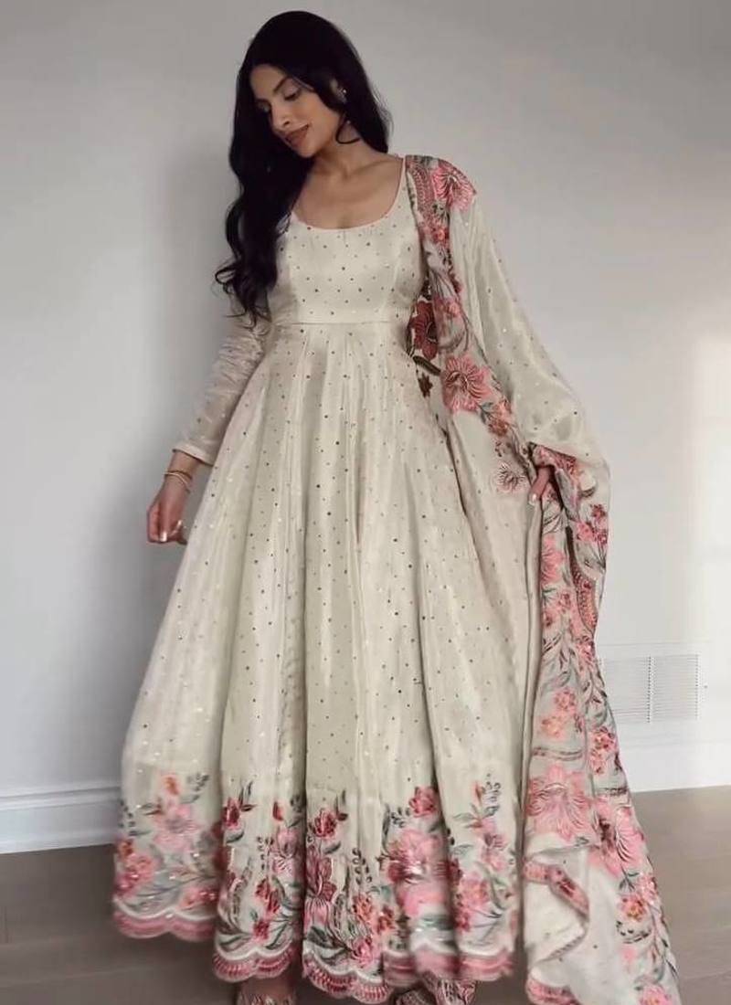 Cream Chinnon Silk Embroidery And Sirosky Work Party wear Gown