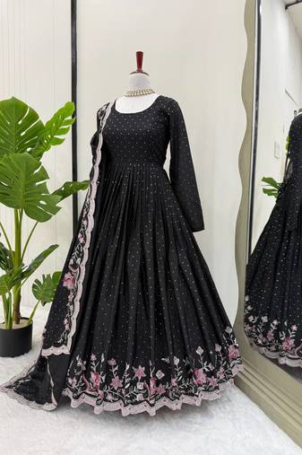 Black Chinnon Silk Embroidery And Sirosky Work Party wear Gown