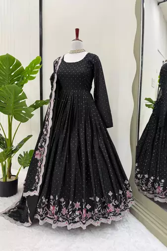 Black Chinnon Silk Embroidery And Sirosky Work Party wear Gown