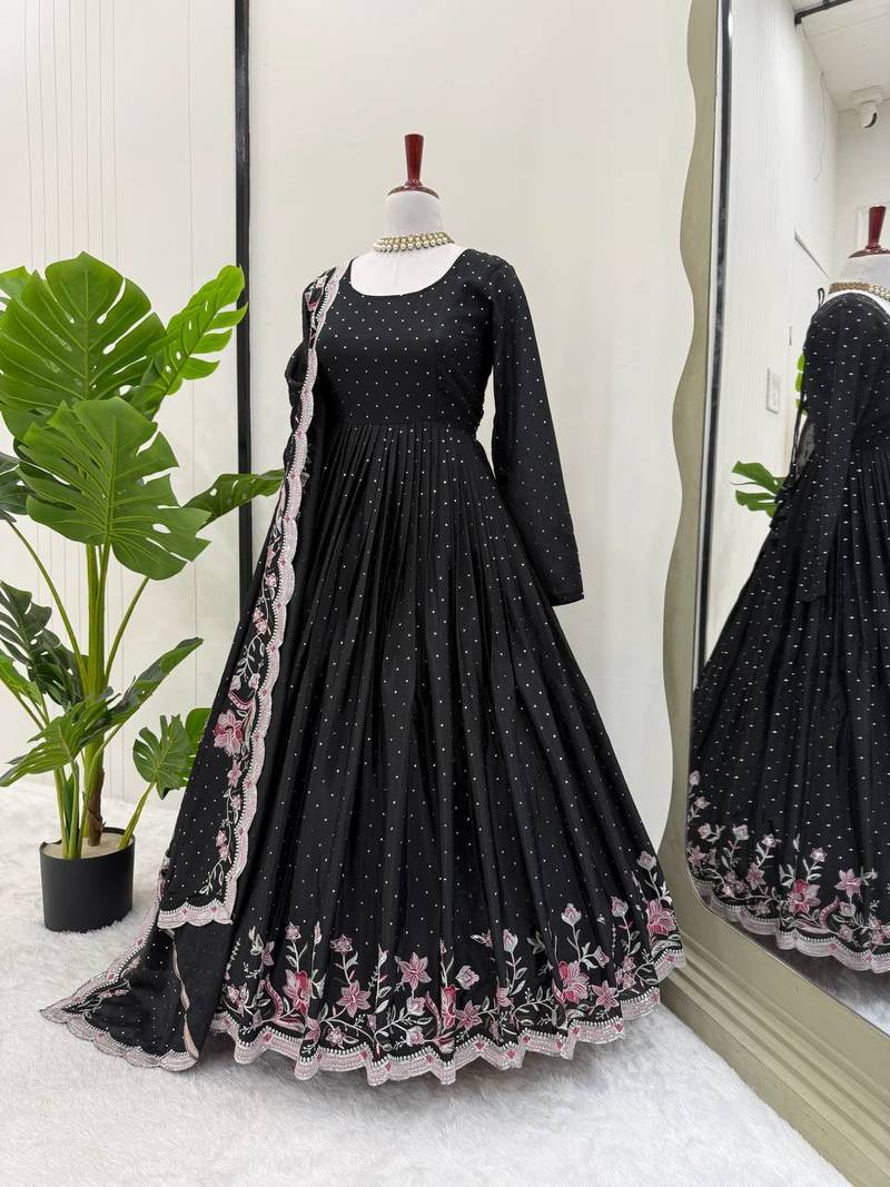 Black Chinnon Silk Embroidery And Sirosky Work Party wear Gown