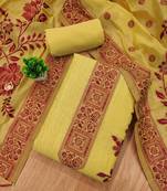 Yellow muga cotton jamdani ethnic motif dress material set