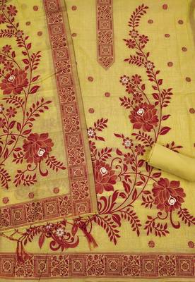 Yellow muga cotton jamdani ethnic motif dress material set 2