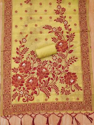 Yellow muga cotton jamdani ethnic motif dress material set 3
