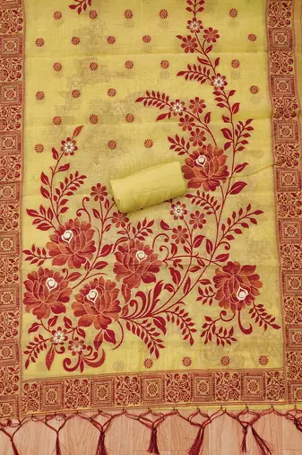 Yellow muga cotton jamdani ethnic motif dress material set