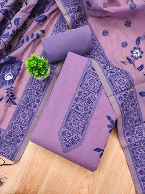Purple muga cotton jamdani ethnic motif dress material set 1