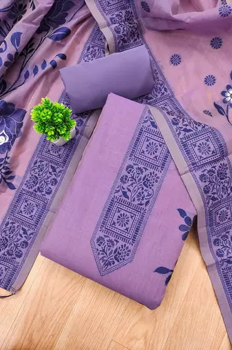 Purple muga cotton jamdani ethnic motif dress material set