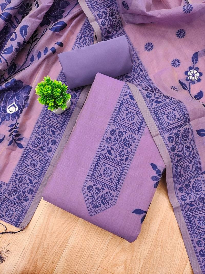 Purple muga cotton jamdani ethnic motif dress material set