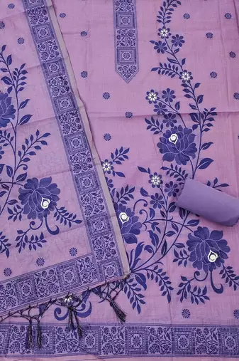 Purple muga cotton jamdani ethnic motif dress material set