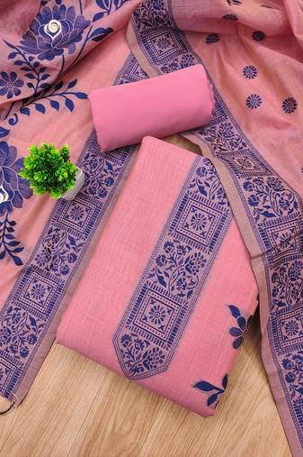 Pink muga cotton jamdani ethnic motif dress material set