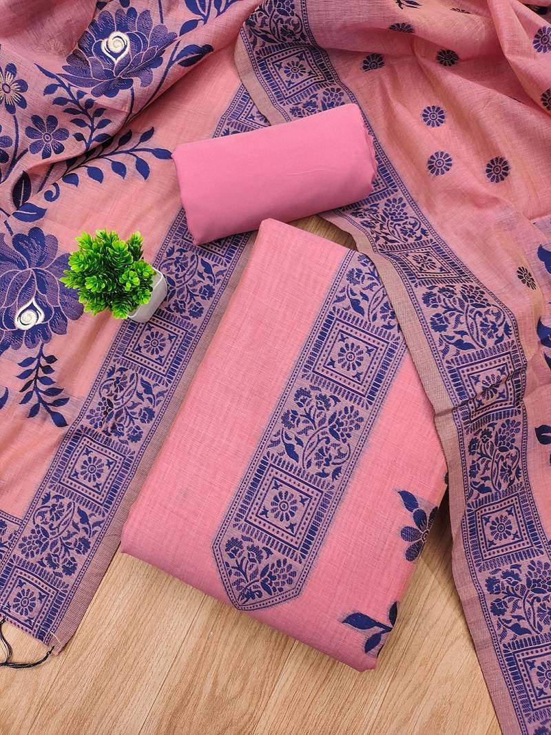 Pink muga cotton jamdani ethnic motif dress material set