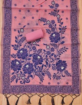 Pink muga cotton jamdani ethnic motif dress material set 3