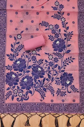 Pink muga cotton jamdani ethnic motif dress material set