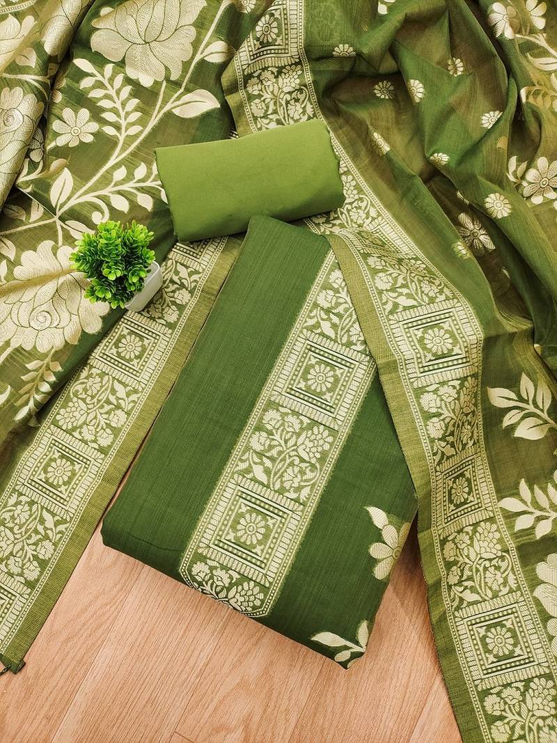 Mehendi muga cotton jamdani ethnic motif dress material set