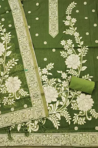 Mehendi muga cotton jamdani ethnic motif dress material set