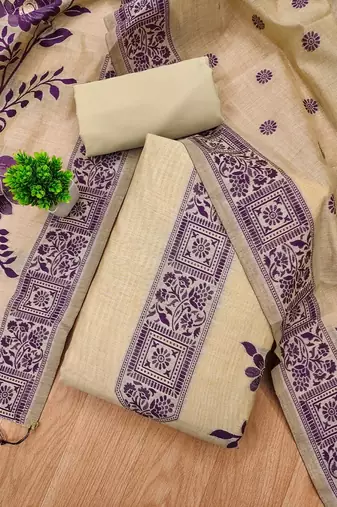 Cream muga cotton jamdani ethnic motif dress material set