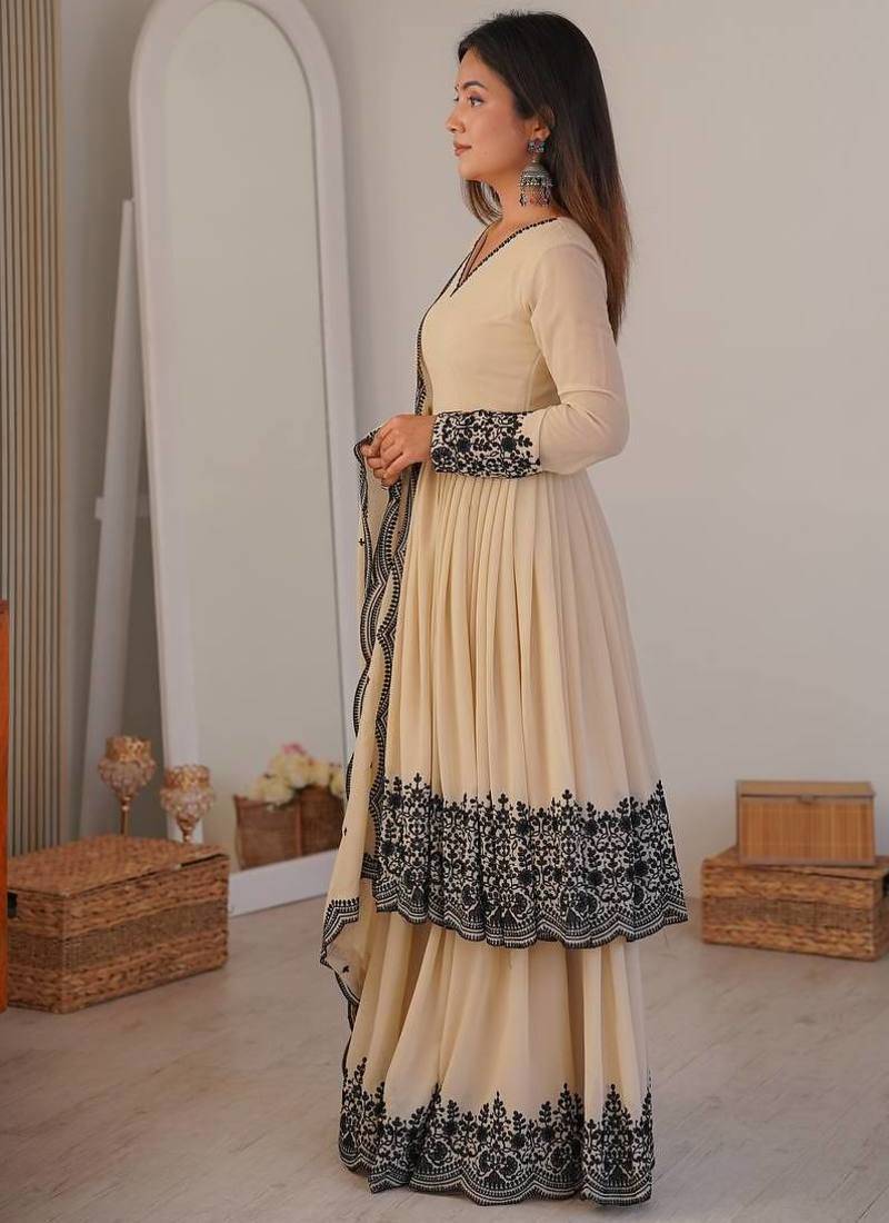 Cream Faux georgette Heavy Embroidery Work Designer Party wear palazzo Suit