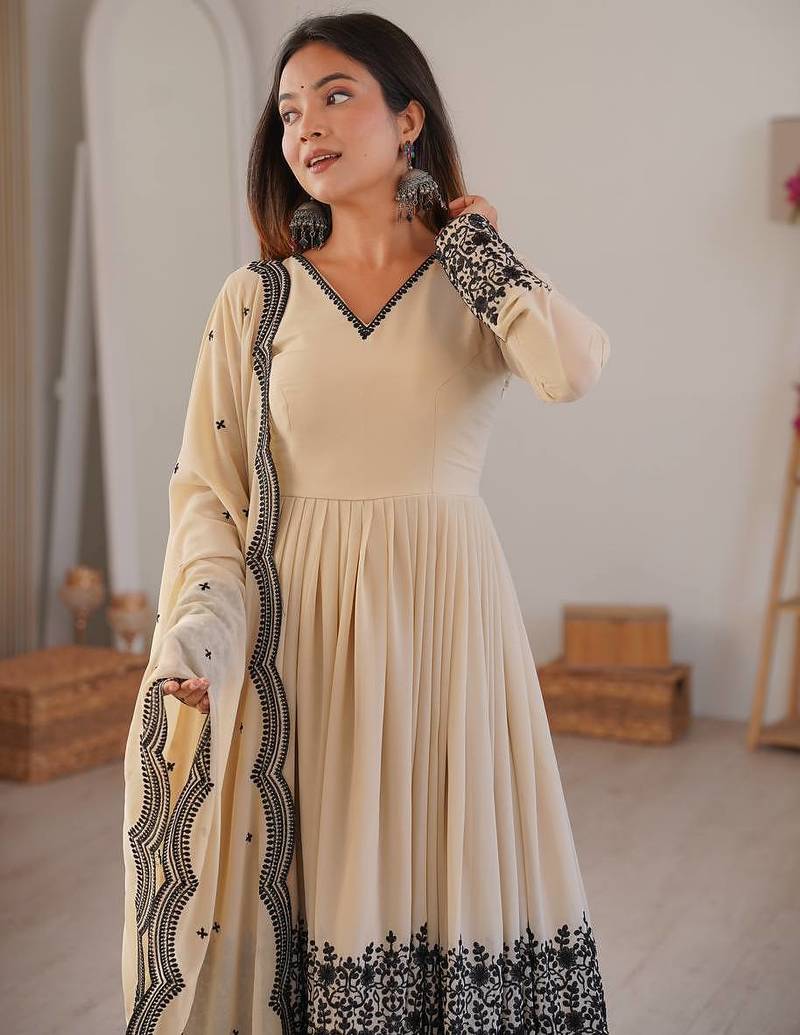 Cream Faux georgette Heavy Embroidery Work Designer Party wear palazzo Suit