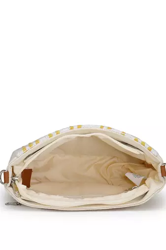Anekaant earth edit off white & mustard jacquard striped sling bag